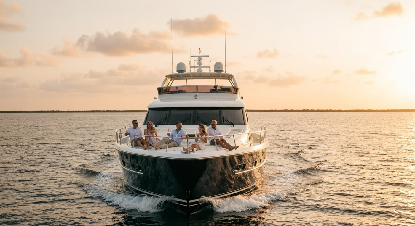 A luxury motor yacht cruising the Naples Gulf coast at golden hour
