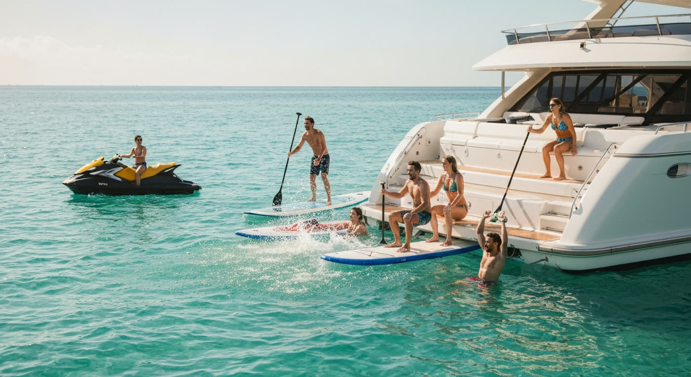 Friends enjoying water sports off the yacht swim platform in turquoise water