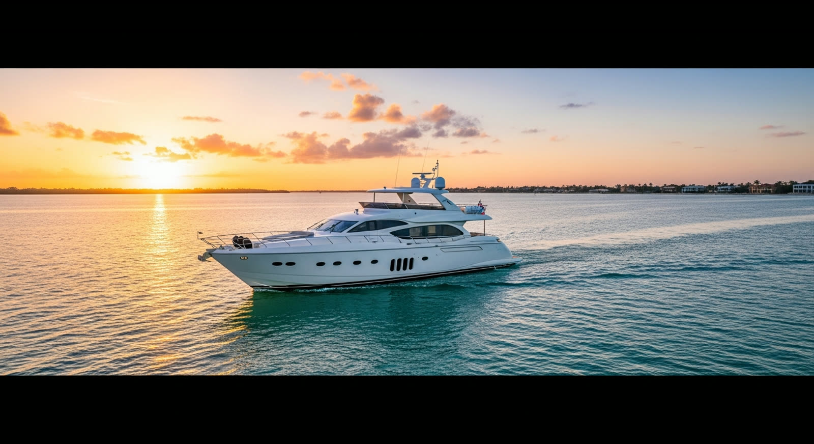 110-foot luxury motor yacht at golden hour in the Gulf of Mexico